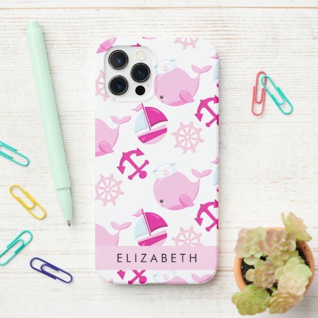 Funda Para iPhone Patrón de ballenas, ballenas rosadas, tu nombre (En el escritorio)
