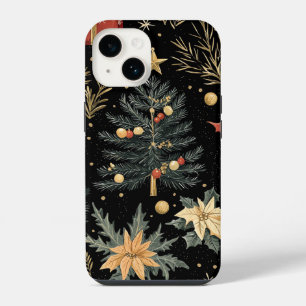 Funda Para iPhone 14 Patrón de Carbón de Navidad Holly Verde Rojo