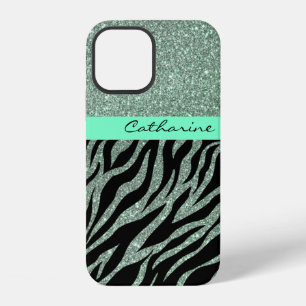 Funda Para iPhone 12 Patrón de cebra animal verde menta brillo femenino