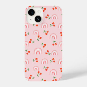Funda Para iPhone 14 Patrón de cerezas de arcoiris rosa