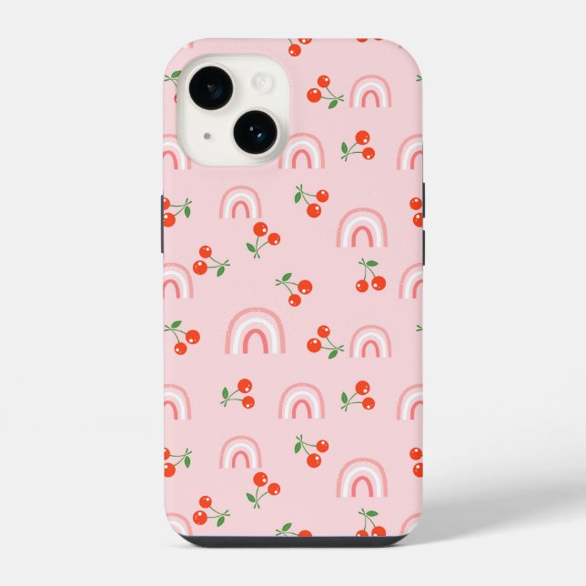 Funda Para iPhone Patrón de cerezas de arcoiris rosa (Reverso )