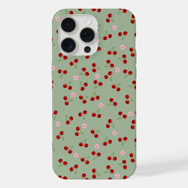 Funda Para iPhone Patrón de cerezas en fondo verde (Reverso )