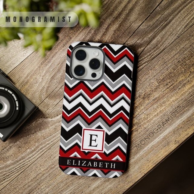 Funda Para iPhone Patrón de Chevron gris rojo blanco personalizable (Customizable White Black Red Grey Chevron Pattern iPhone Case)