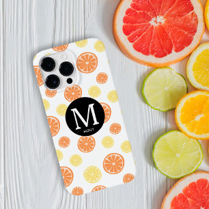 Funda Para iPhone 14 Pro Max Patrón de cítricos Naranja Limón Monograma Redondo