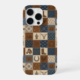 Funda Para iPhone 16 Pro Patrón de Colcha de Parche Vintage del Oeste