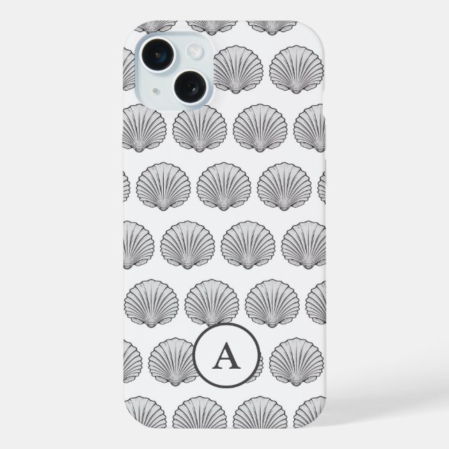 Funda Para iPhone Patrón de concha minimal gris monogramado (Reverso )