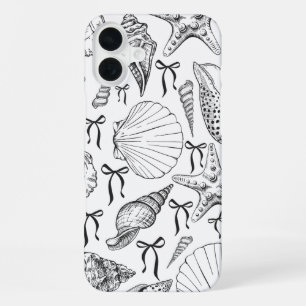 Funda Para iPhone 16 Plus Patrón de conchas marinas náuticas en blanco y neg