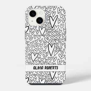 Funda Para iPhone 14 Patrón de Corazones en Negro y Blanco con Personal