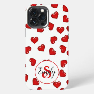 Funda Para iPhone 13 Pro Max Patrón de corazones rojos elegantes en blanco mono