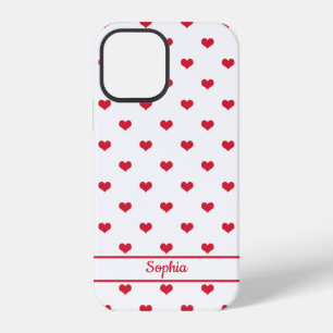 Funda Para iPhone 12 Patrón de corazones rojos y blancos con nombre per