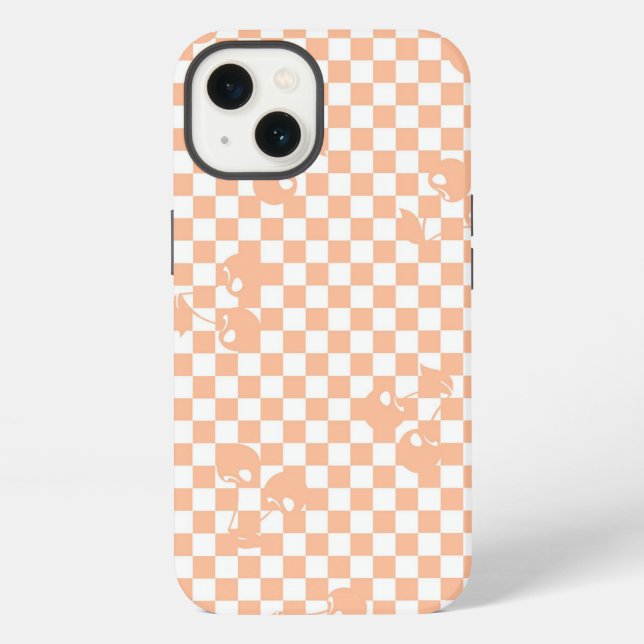 Funda Para iPhone Patrón de cuadros de cereza fuzz melocotón (Reverso )