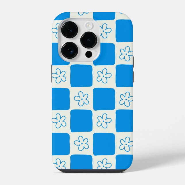 Funda Para iPhone Patrón de cuadros de flores azules elegante (Reverso )