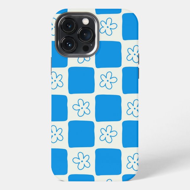 Funda Para iPhone Patrón de cuadros de flores azules elegante (Reverso )