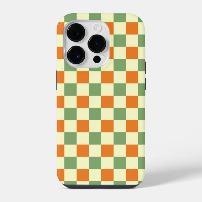Funda Para iPhone Patrón de cuadros gingham verde naranja marrón (Reverso )