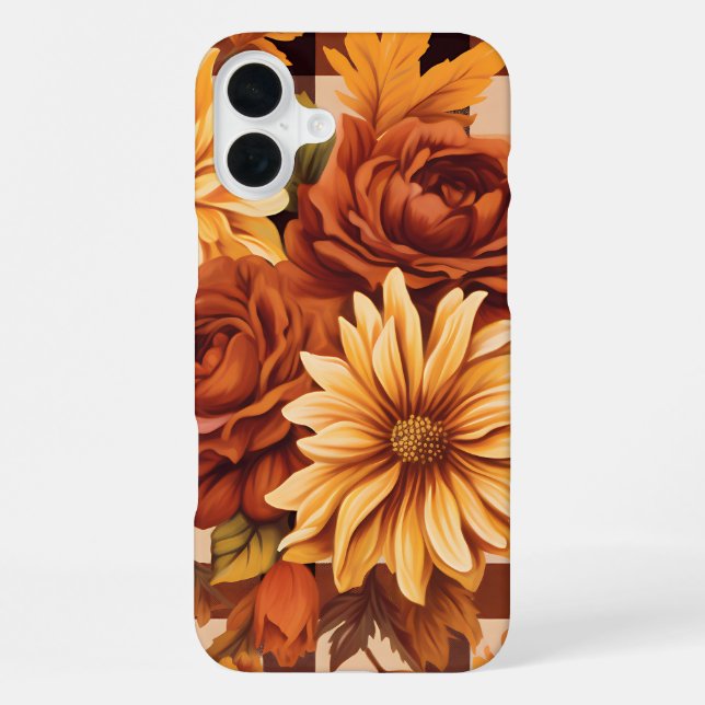 FUNDA PARA iPhone PATRÓN DE CUADROS MARRONES CON FLORES DE ASTER DE  (Reverso )