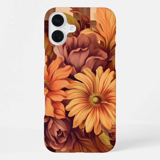 FUNDA PARA iPhone PATRÓN DE CUADROS MARRONES CON FLORES DE ASTER DE  (Reverso )
