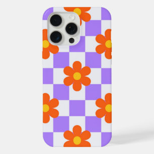 Patrón de cuadros morados con flor hippie naranja