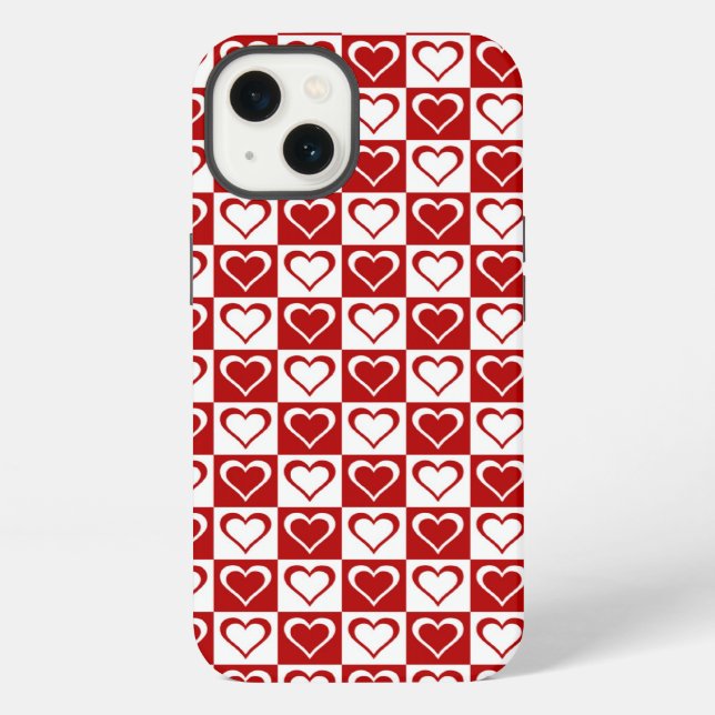 Funda Para iPhone Patrón de cuadros rojos con Corazones (Reverso )