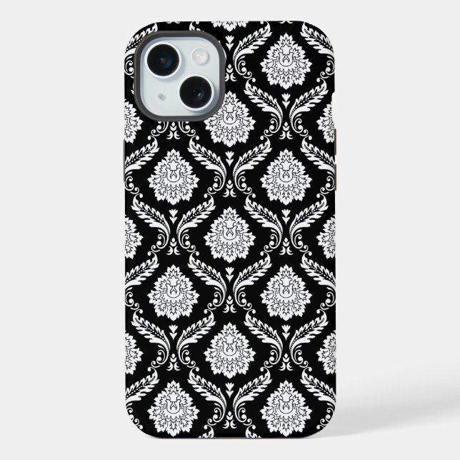 Funda Para iPhone Patrón de Damasco Rococó Blanco sobre Negro  (Reverso )