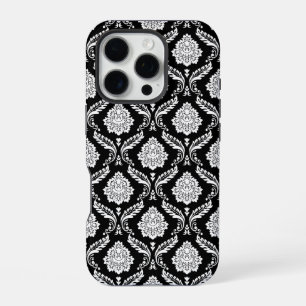 Funda Para iPhone 16 Pro Patrón de Damasco Rococó Blanco sobre Negro