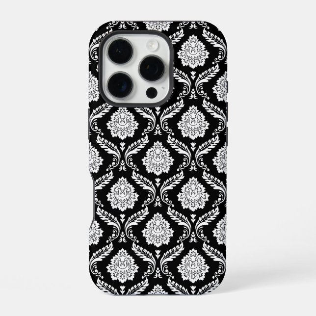 Funda Para iPhone Patrón de Damasco Rococó Blanco sobre Negro  (Reverso )
