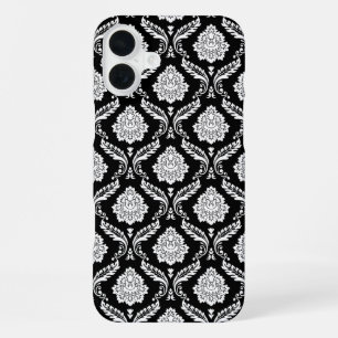 Funda Para iPhone 16 Plus Patrón de Damasco Rococó Blanco sobre Negro