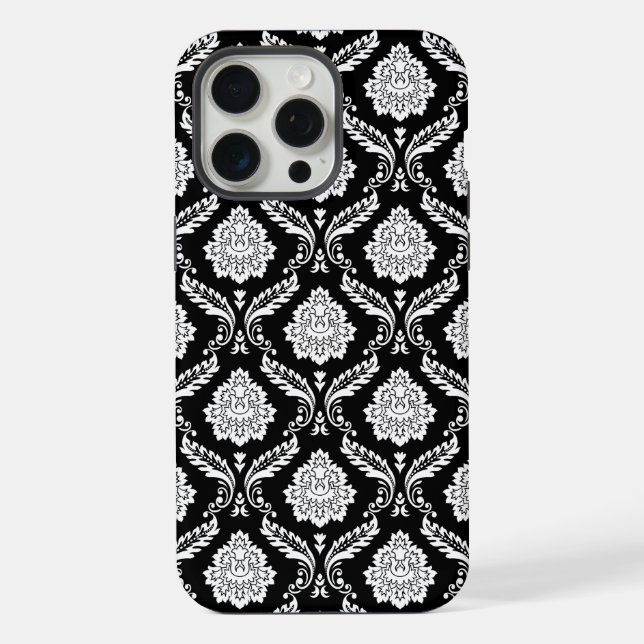 Funda Para iPhone Patrón de Damasco Rococó Blanco sobre Negro  (Reverso )