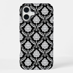 Funda Para iPhone 16 Plus Patrón de Damasco Rococó Blanco sobre Negro