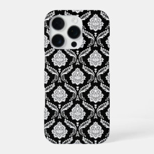 Funda Para iPhone 16 Pro Patrón de Damasco Rococó Blanco sobre Negro