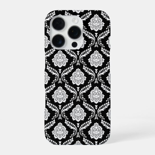 Funda Para iPhone Patrón de Damasco Rococó Blanco sobre Negro  (Reverso)