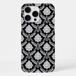 Funda Para iPhone 16 Pro Max Patrón de Damasco Rococó Blanco sobre Negro