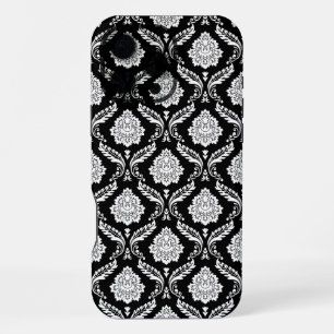 Funda Para iPhone 16 Pro Max Patrón de Damasco Rococó Blanco sobre Negro