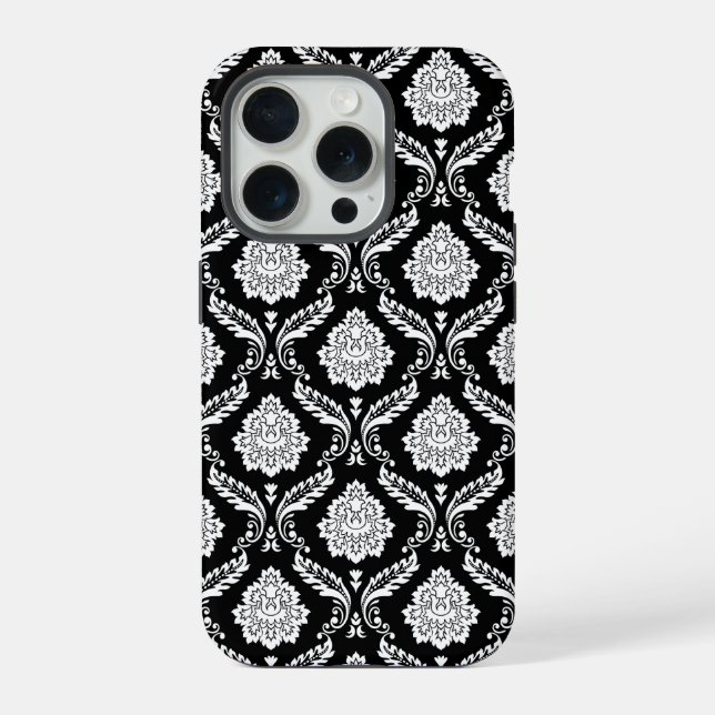 Funda Para iPhone Patrón de Damasco Rococó Blanco sobre Negro  (Reverso )