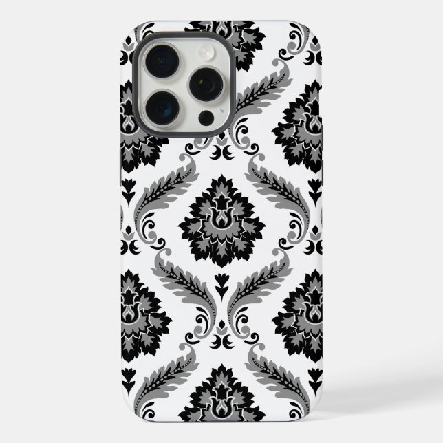Funda Para iPhone Patrón de damasco rococó gris negro blanco (Reverso )