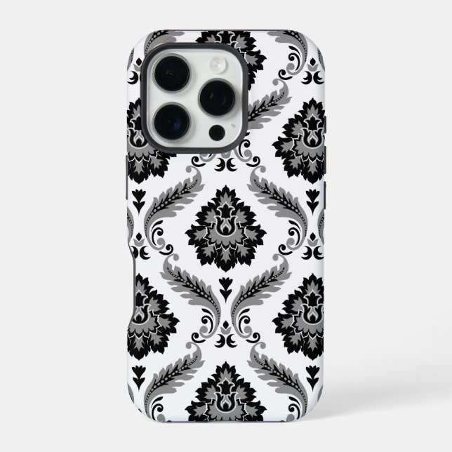 Funda Para iPhone Patrón de damasco rococó gris negro blanco (Reverso )