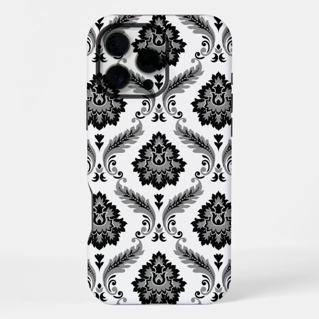 Funda Para iPhone Patrón de damasco rococó gris negro blanco (Reverso )
