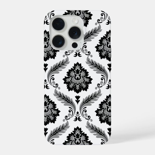 Funda Para iPhone Patrón de damasco rococó gris negro blanco (Reverso )
