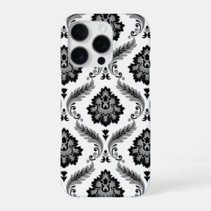 Funda Para iPhone 16 Pro Patrón de Damasco Rococó Gris Negro Blanco