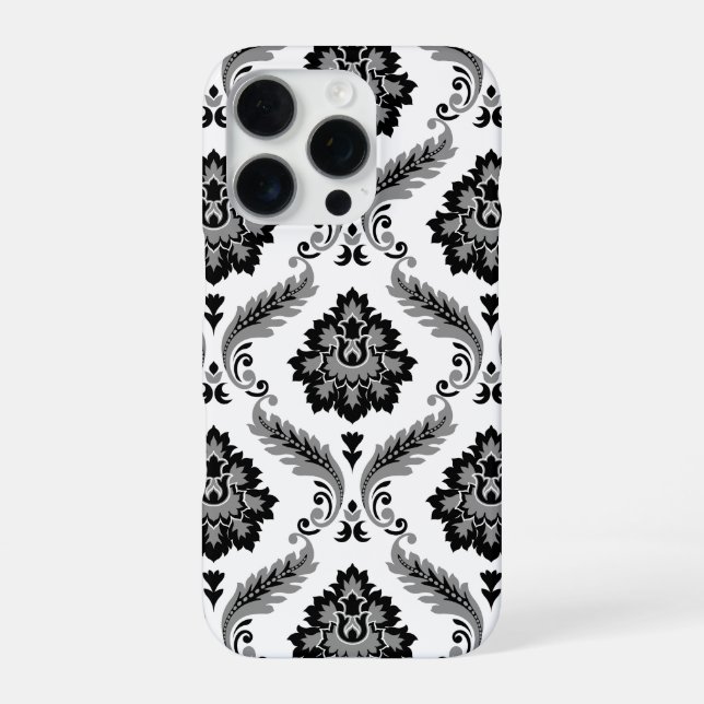 Funda Para iPhone Patrón de Damasco Rococó Gris Negro Blanco (Reverso)