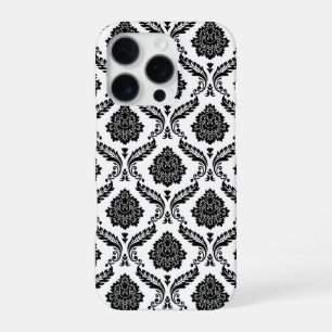 Funda Para iPhone 16 Pro Patrón de damasco rococó negro sobre blanco