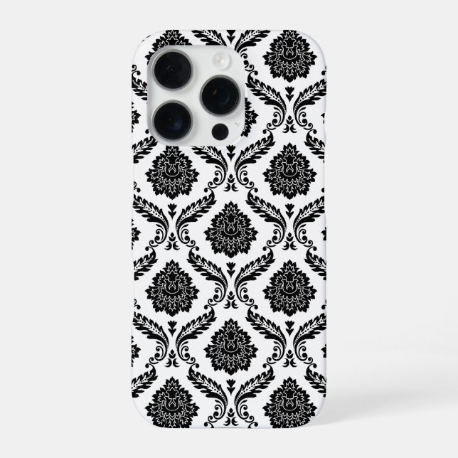 Funda Para iPhone Patrón de damasco rococó negro sobre blanco (Reverso)