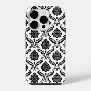 Funda Para iPhone 14 Pro Patrón de Damasco Rococó Negro sobre Blanco