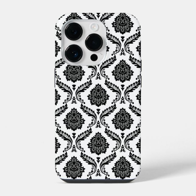 Funda Para iPhone Patrón de Damasco Rococó Negro sobre Blanco (Reverso )