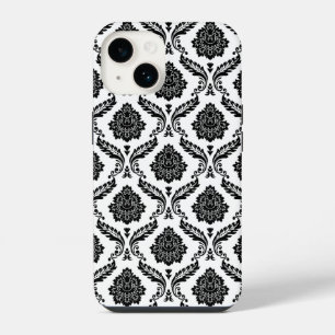 Funda Para iPhone 14 Patrón de Damasco Rococó Negro sobre Blanco