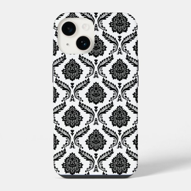 Funda Para iPhone Patrón de Damasco Rococó Negro sobre Blanco (Reverso )