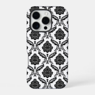 Funda Para iPhone 16 Pro Patrón de Damasco Rococó Negro sobre Blanco
