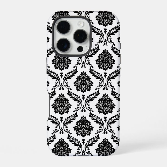 Funda Para iPhone Patrón de Damasco Rococó Negro sobre Blanco (Reverso )