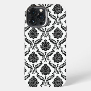 Funda Para iPhone 13 Pro Max Patrón de damasco rococó negro sobre blanco