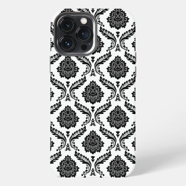 Funda Para iPhone Patrón de damasco rococó negro sobre blanco (Reverso )