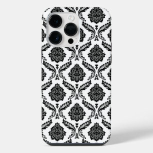 Funda Para iPhone 14 Pro Max Patrón de damasco rococó negro sobre blanco